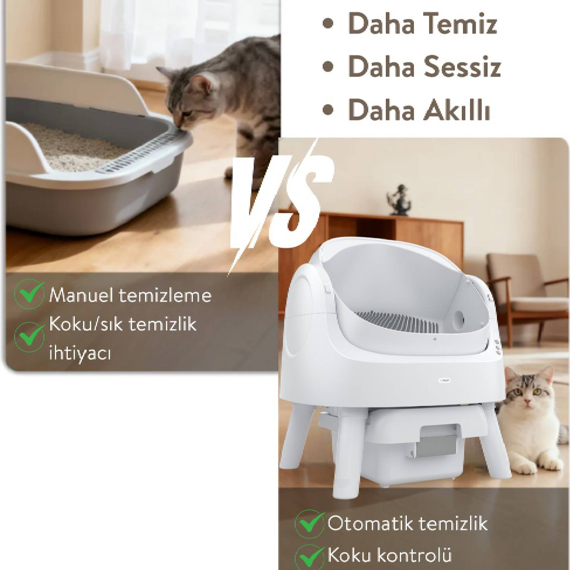 Kedi sol tarafta geleneksel kedi kumuna, sağda kediyle otomatik kedi kumuna bakar.