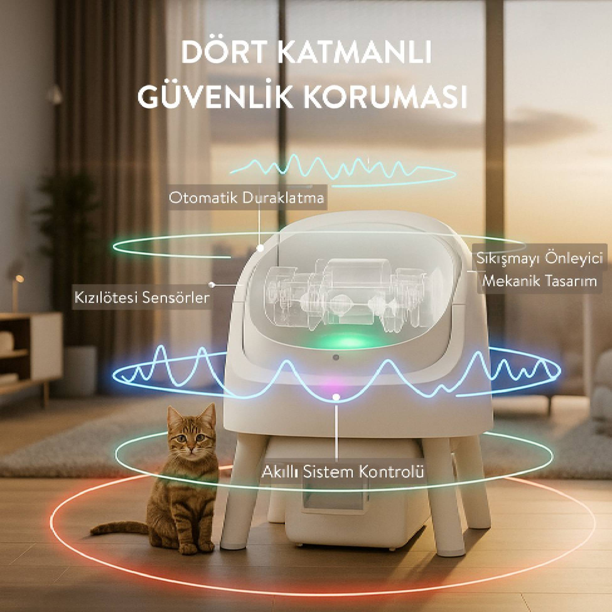 Bir kedi, sensörlü ve güvenlik özellikli beyaz bir kedi tuvaletinin yanında oturuyor.