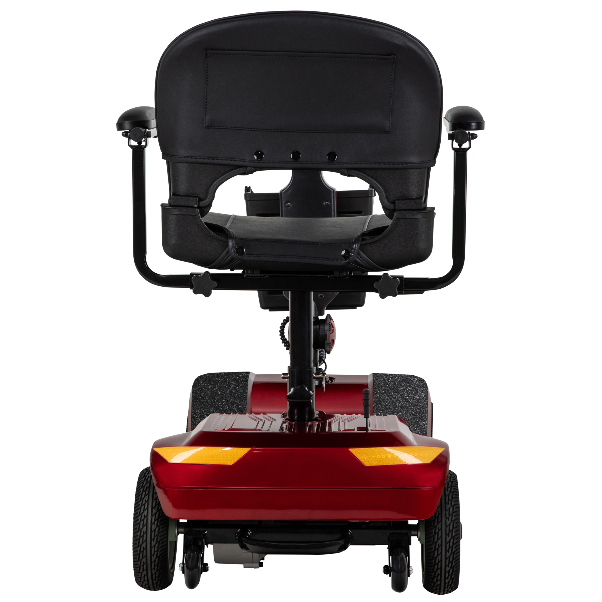 Rote Mobilitäts-Scooter mit schwarzem Sitz und Armlehnen, von vorne.