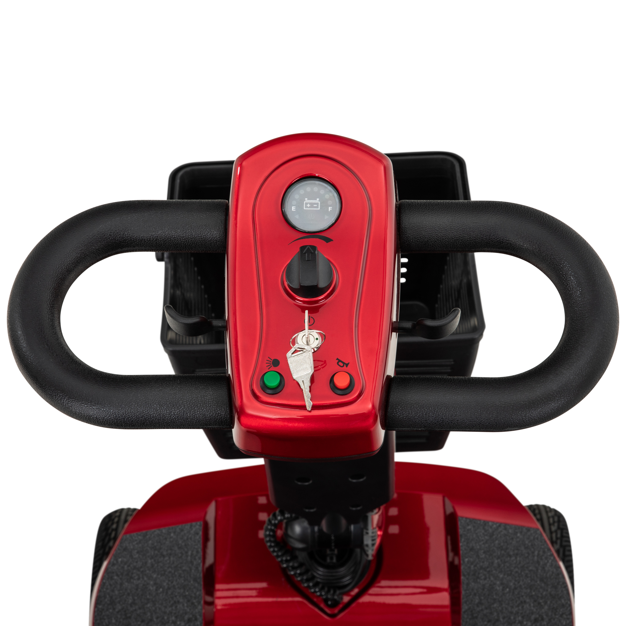 Rotes Scooter-Bedienfeld mit Lenker, Batterieanzeige, Schlüsselschalter, Hupe und Lichtern.