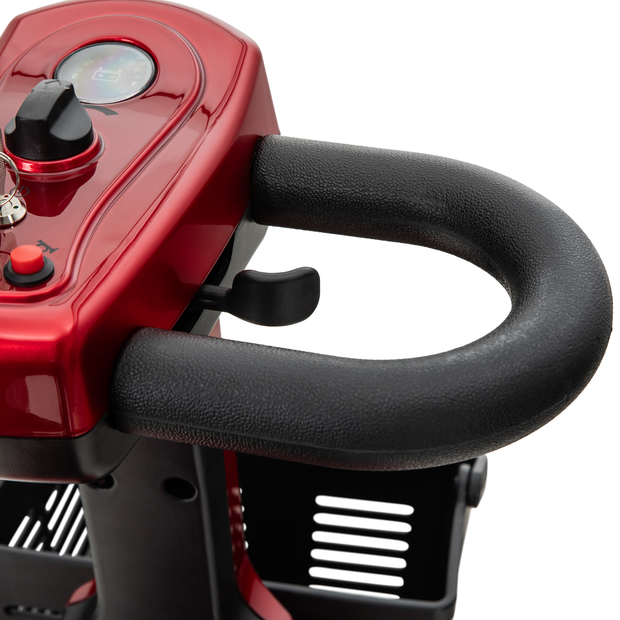 Roter Elektroroller-Griff mit schwarzem Lenker, Batterieanzeige und Schlüssel.