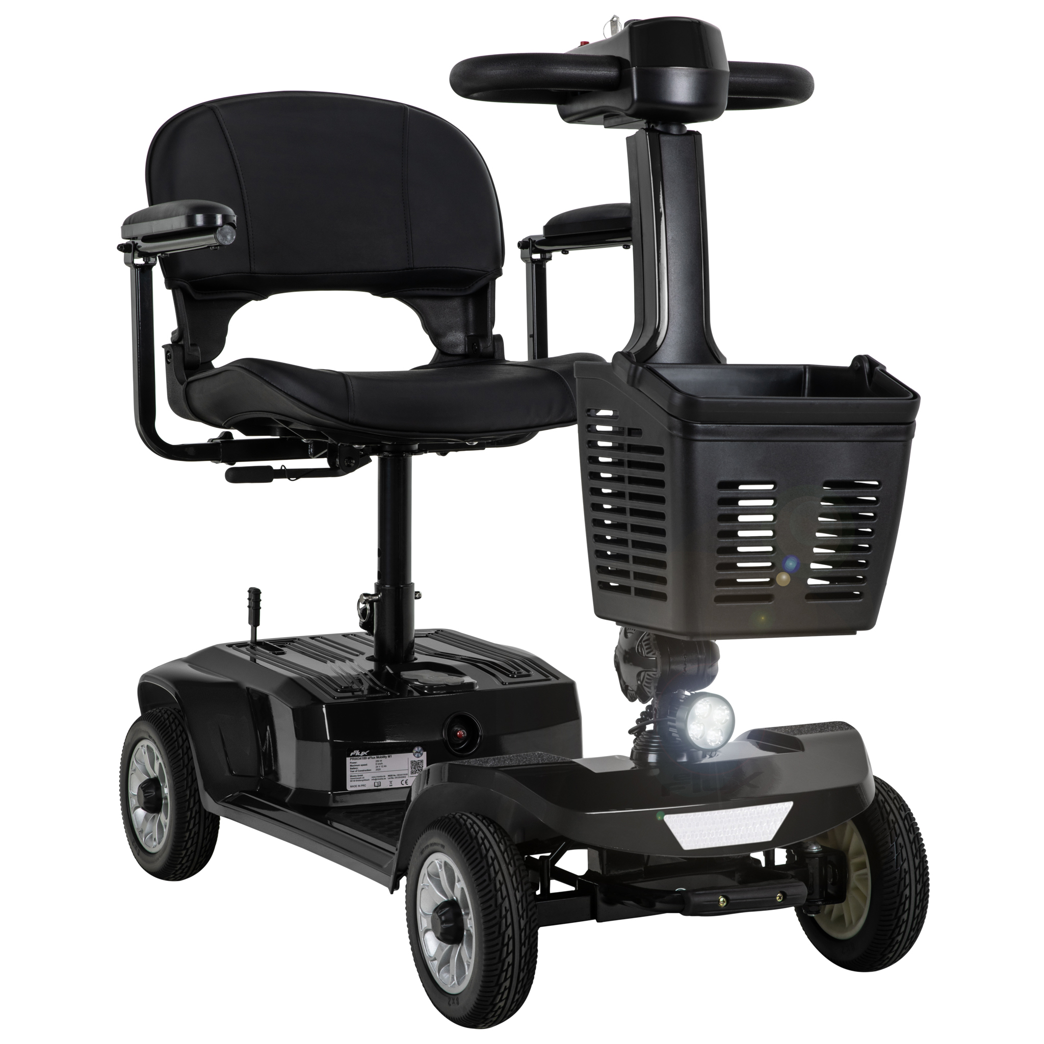Schwarzer Elektromobilitätsroller mit Sitz, Korb und Scheinwerfern.