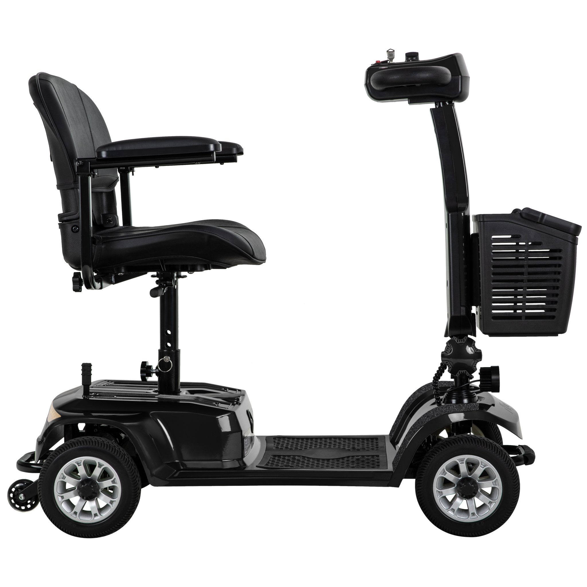 Schwarzer Elektromobilitätsroller mit Sitz, Armlehnen, Korb und Rädern.