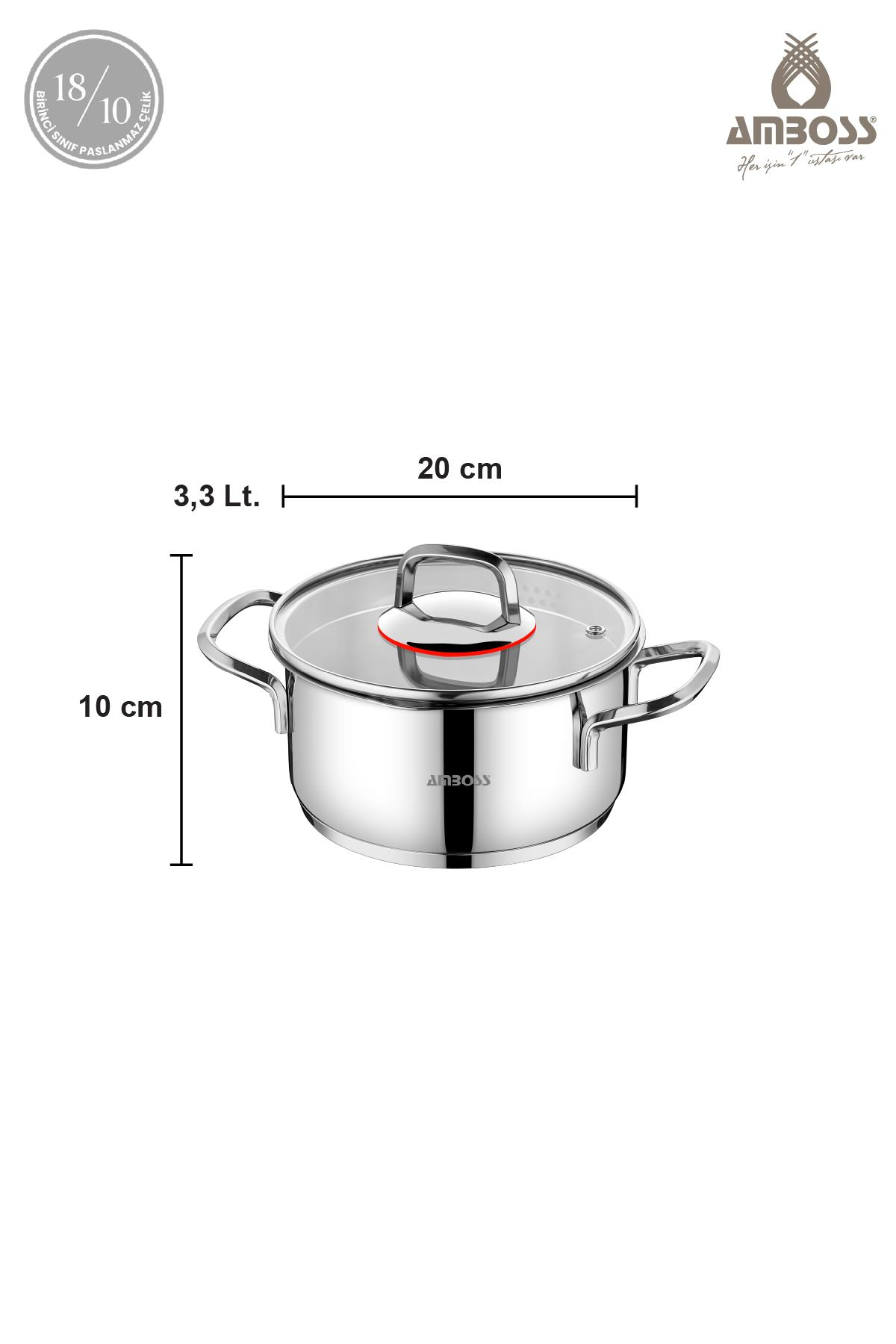 Cam kapaklı paslanmaz çelik tencere, 20 cm çap, 10 cm yükseklik, 3,3 litre.