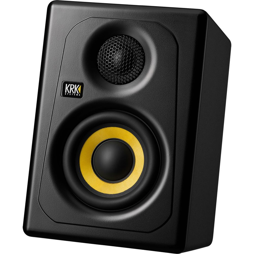 Cassa monitor KRK nera con woofer giallo e tweeter nero.