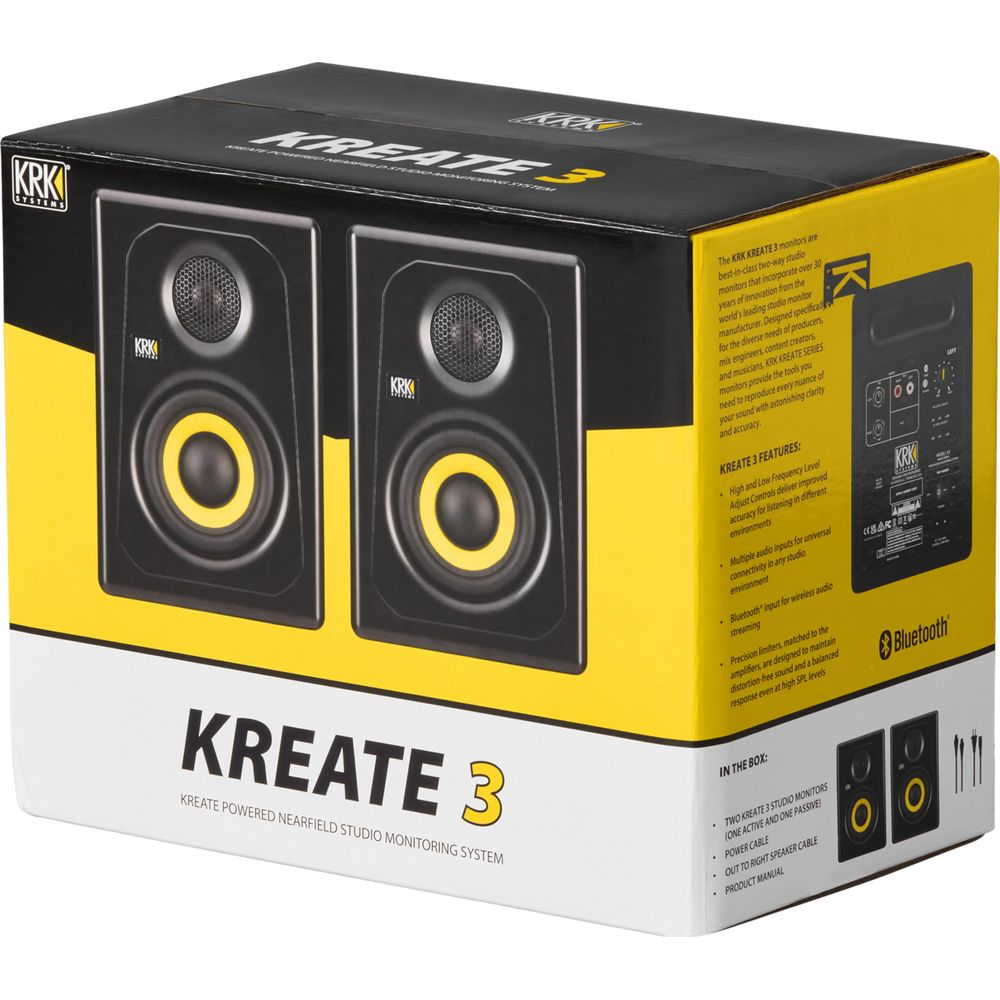 Confezione di monitor da studio KRK Kreate 3 con accenti gialli.