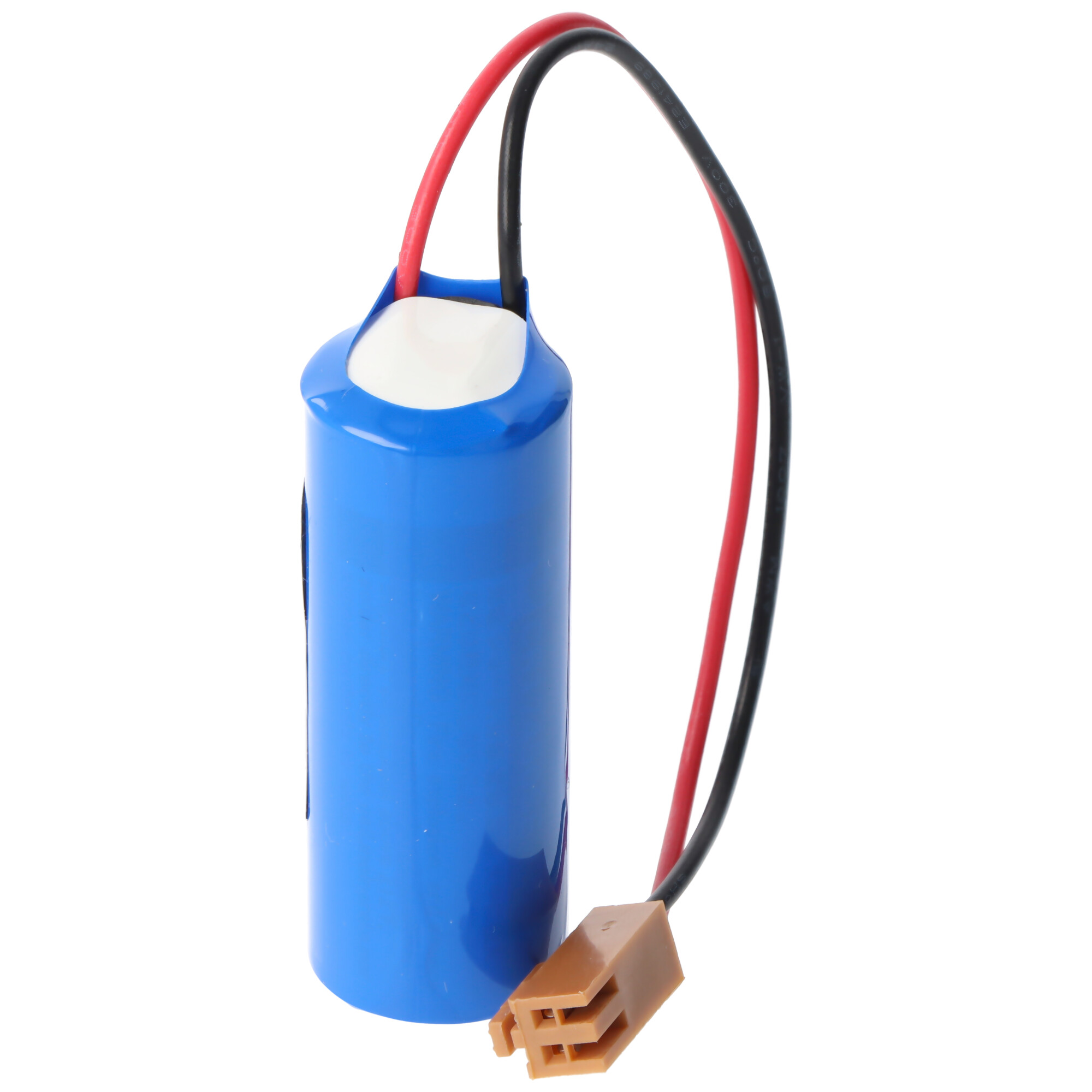 Un pacco batteria blu con cavi nero e rosso e connettore marrone.