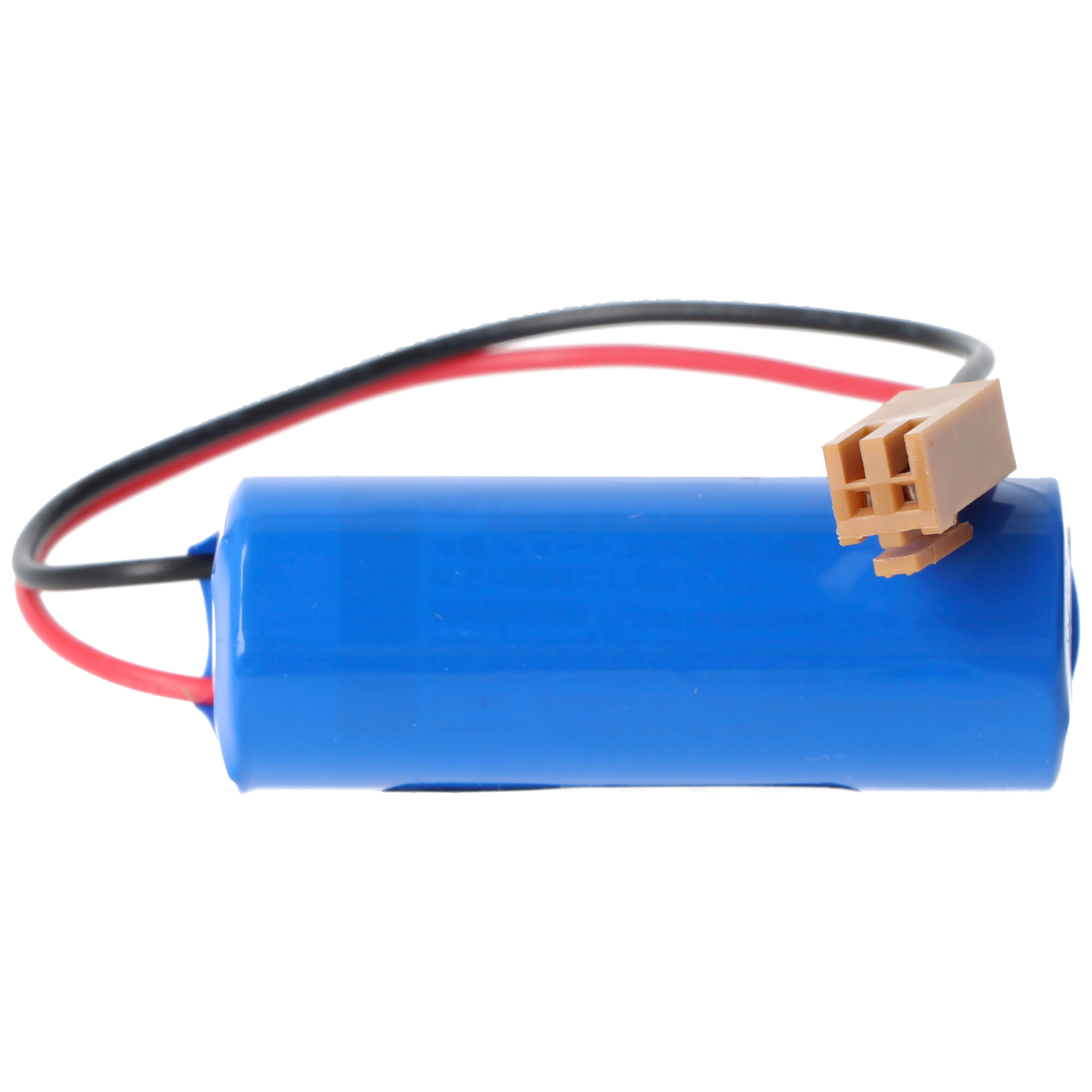 Batteria blu con fili e connettore marrone su sfondo bianco.