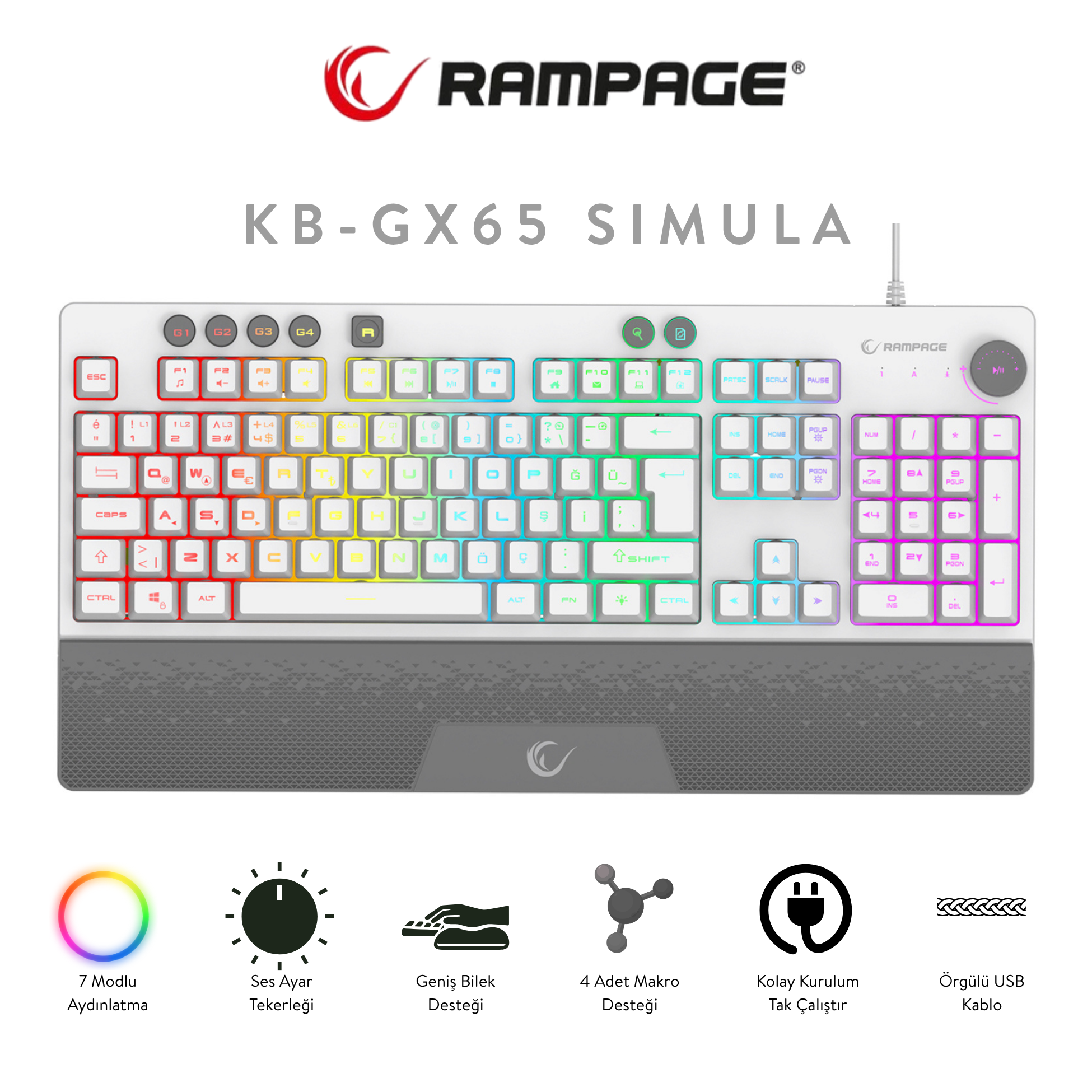 RGB aydınlatmalı ve bilek destekli beyaz Rampage KB-GX65 SIMULA oyuncu klavyesi.