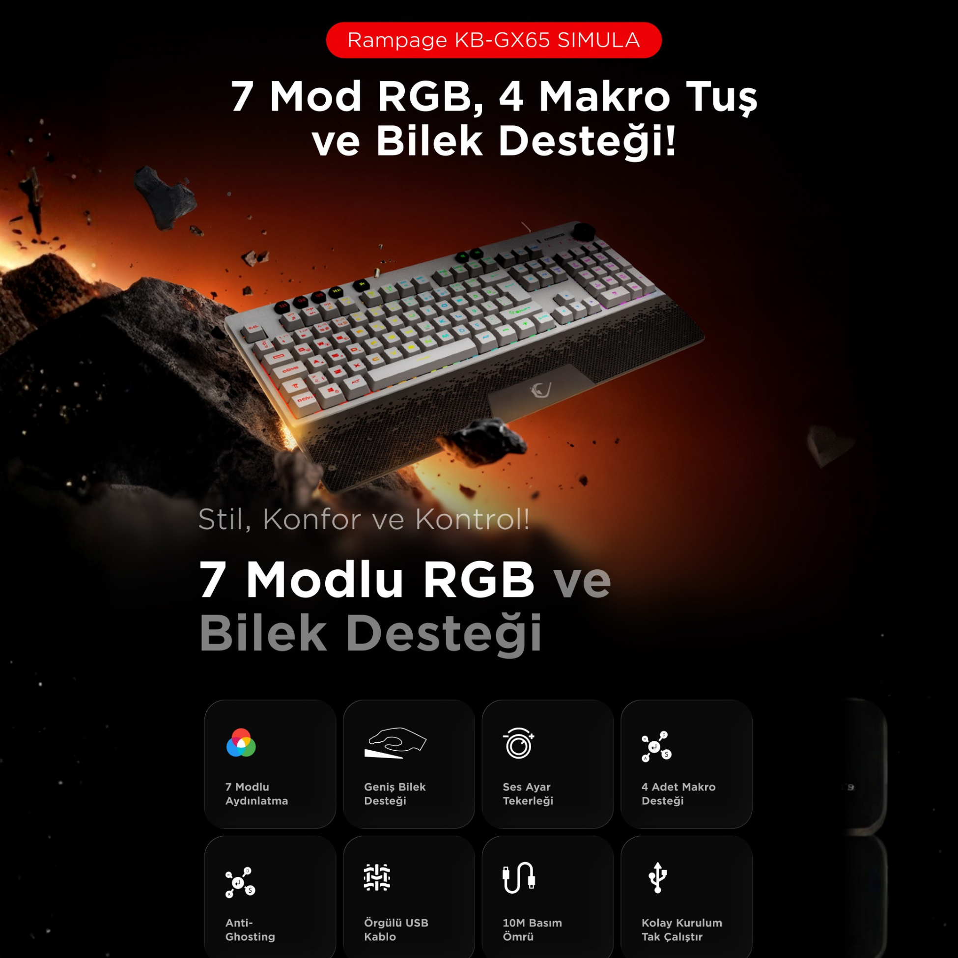Gri klavye RGB aydınlatmalı, kayalık turuncu arka plan üzerinde havada duruyor.