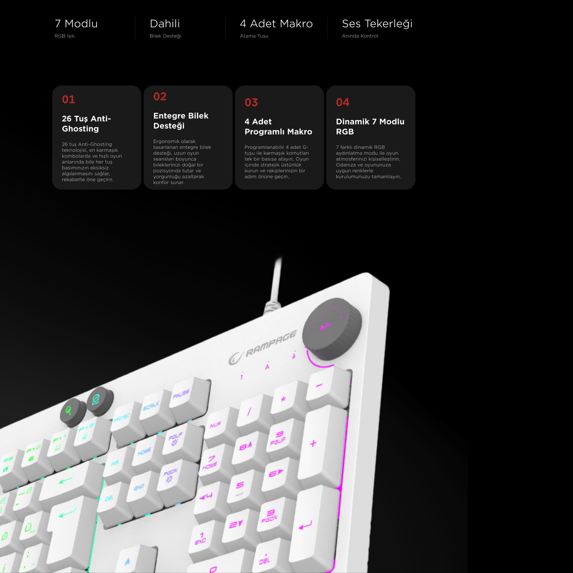 RGB aydınlatmalı ve ses düğmeli beyaz klavye.