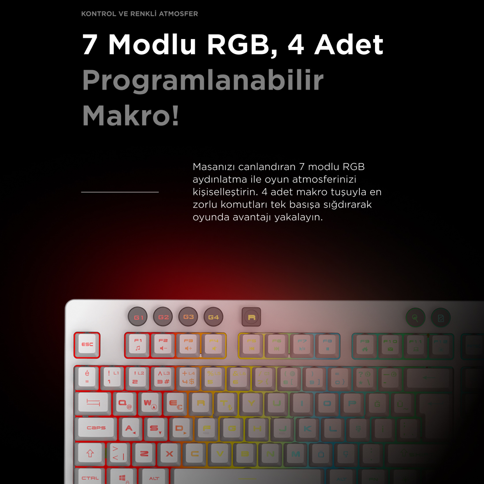 RGB aydınlatmalı ve makro tuşlu beyaz klavye.
