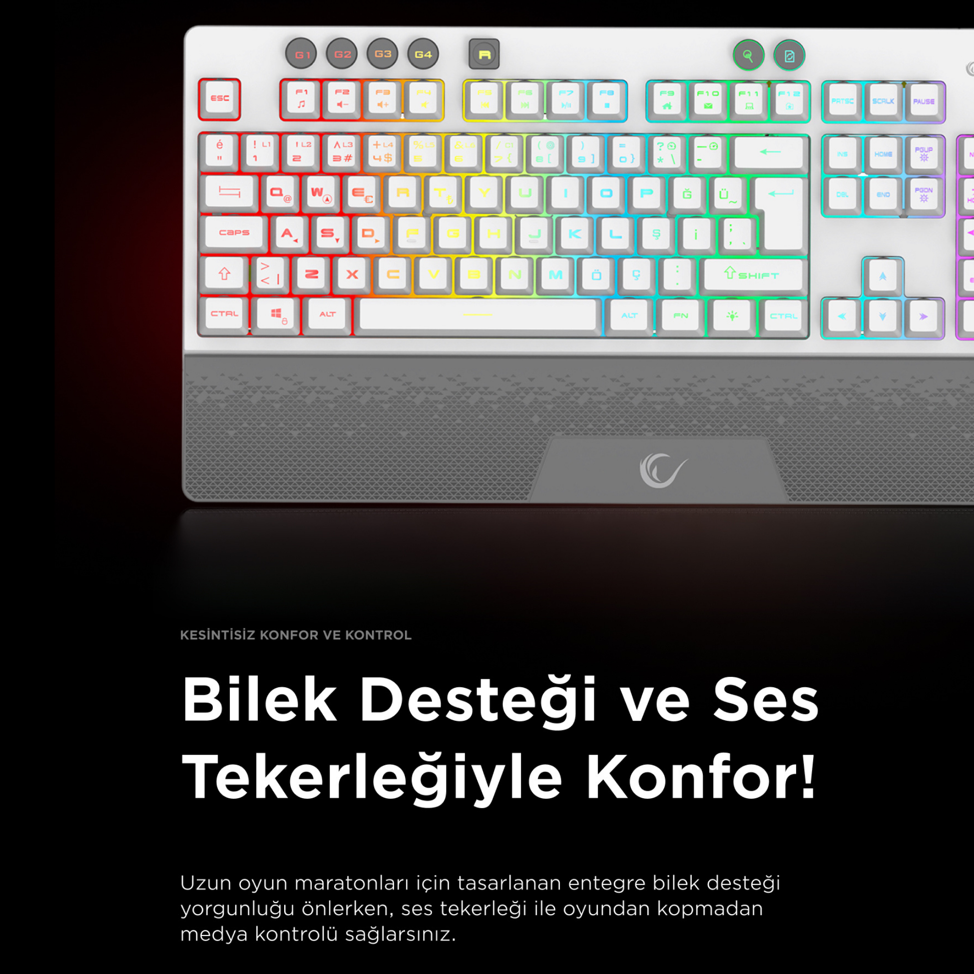 Entegre bilek destekli, RGB aydınlatmalı beyaz klavye.