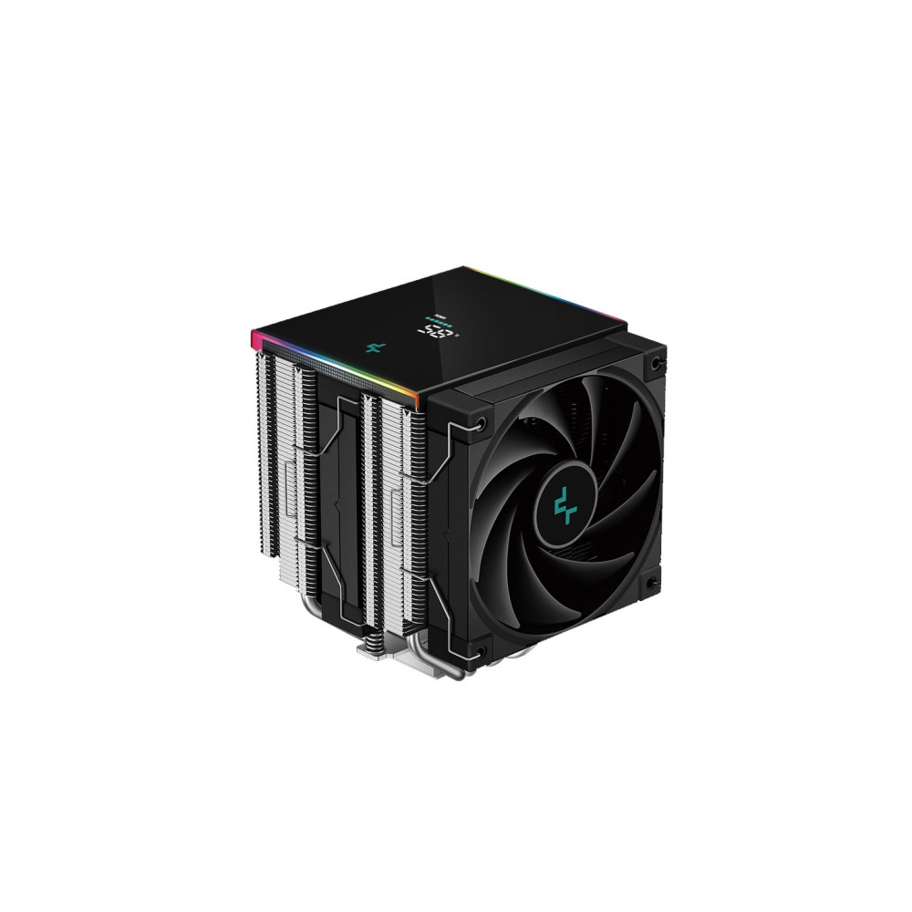 Dissipatore CPU nero con ventola, alette metalliche e illuminazione RGB.