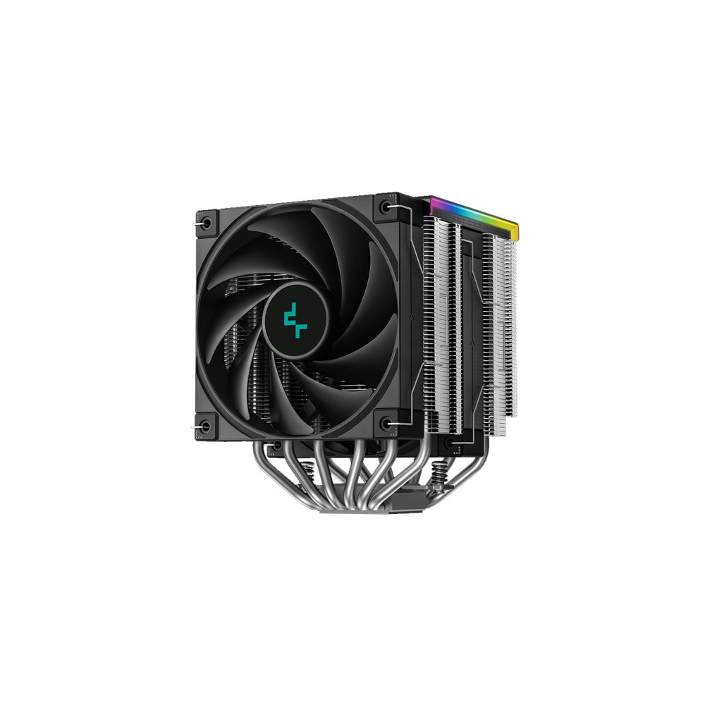 Dissipatore CPU nero con ventola, dissipatori e illuminazione RGB.