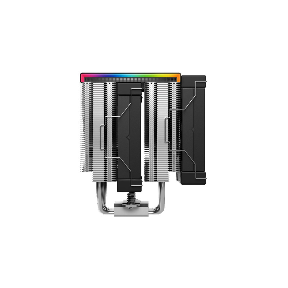 Un dissipatore CPU nero con alette in alluminio e illuminazione RGB.