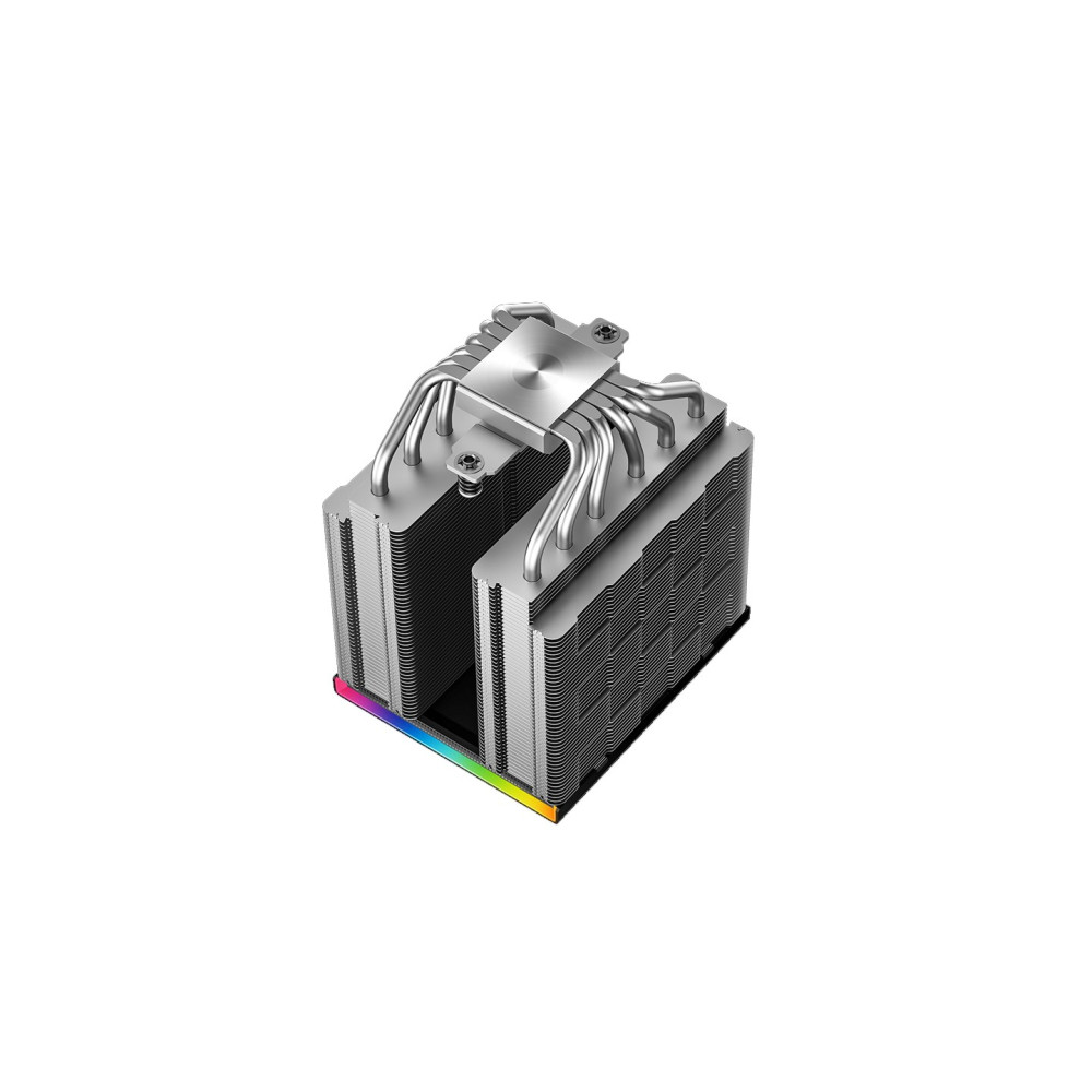 Un dissipatore CPU argentato con heatpipe in rame e illuminazione RGB alla base.