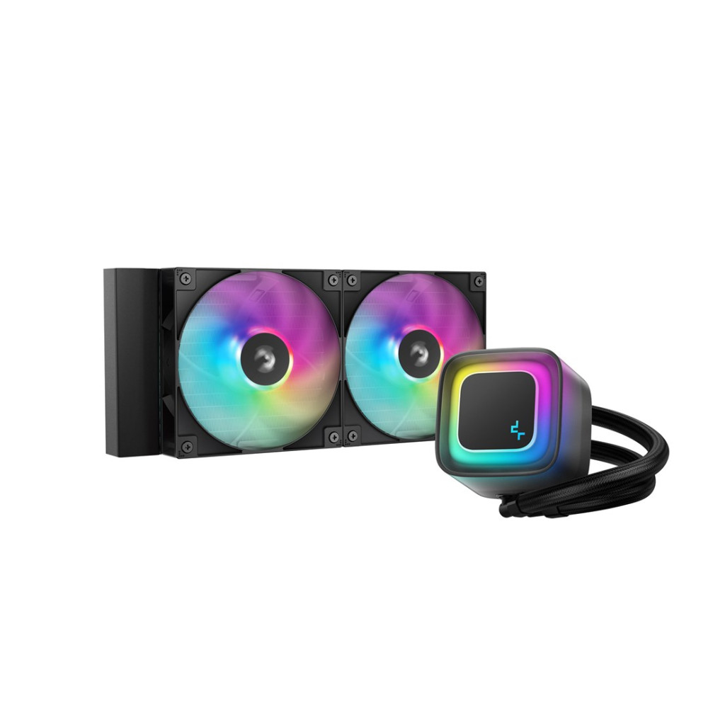İki RGB fanlı ve dikdörtgen pompa başlığına sahip siyah CPU soğutucu.
