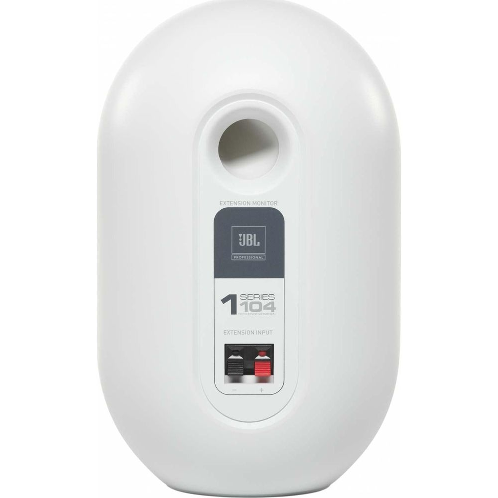Monitor di estensione JBL bianco con morsetti di connessione e logo serie 104.