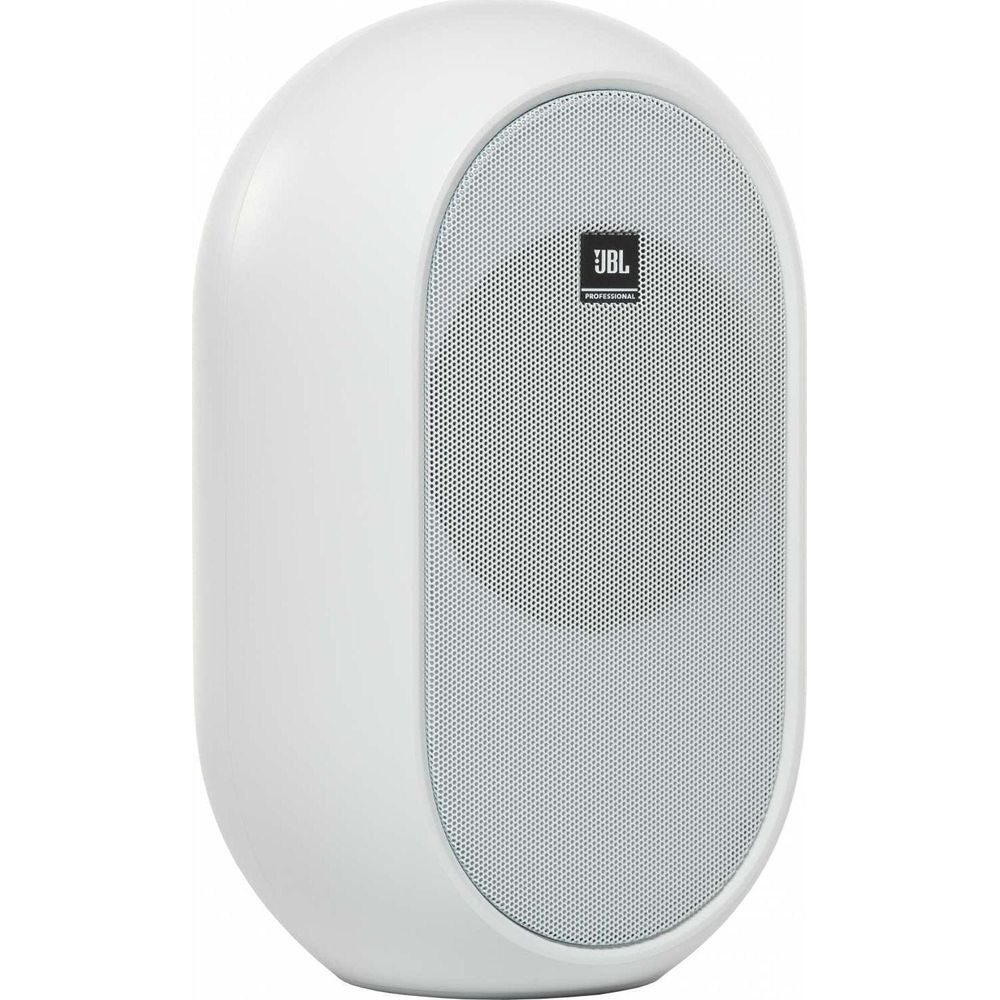 Un altoparlante JBL bianco con griglia ovale frontale e logo JBL.