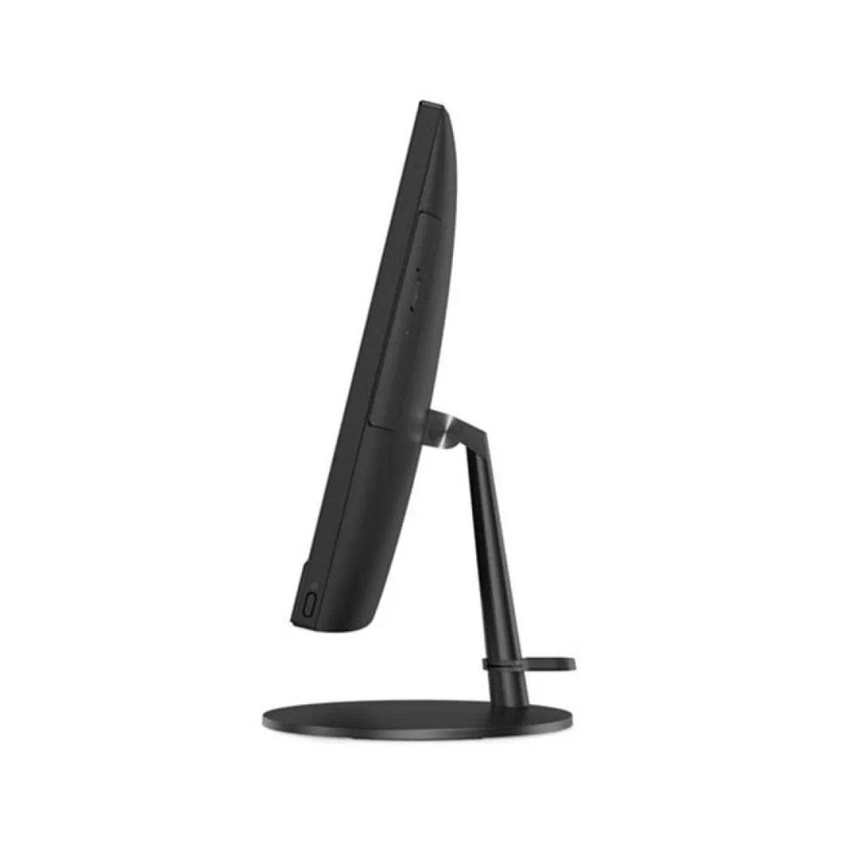 Czarny komputer typu all-in-one widziany z boku na okrągłej podstawie.