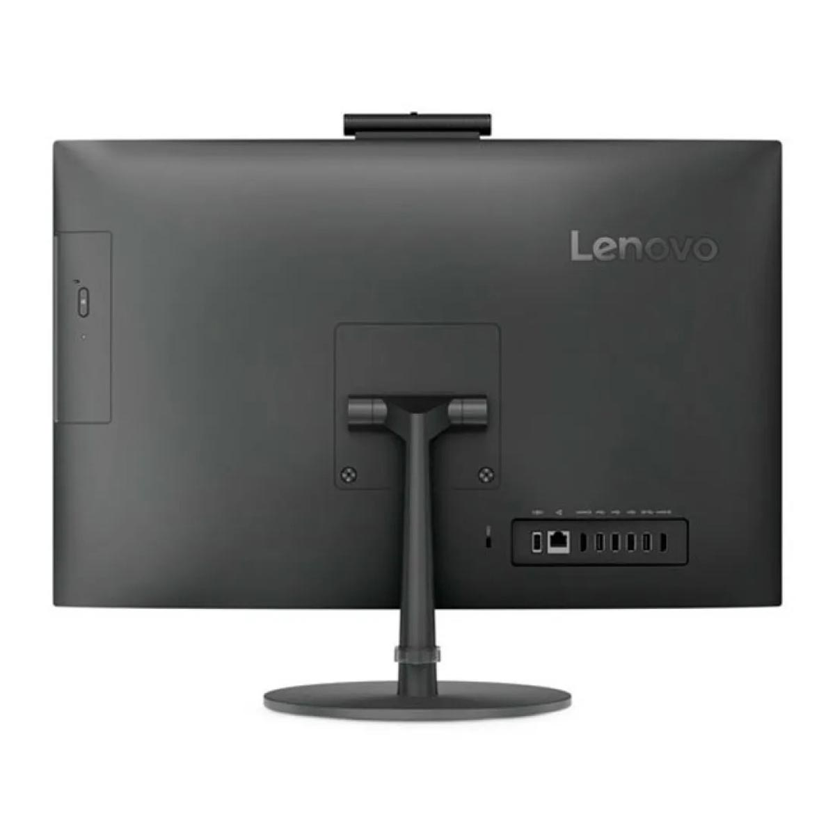 Widok z tyłu czarnego komputera all-in-one Lenovo z portami i podstawką.