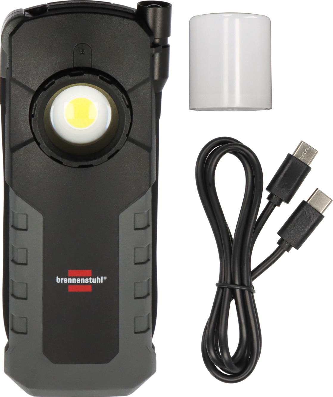 Parlak LED'li siyah iş lambası, beyaz kapak ve USB kablosu.