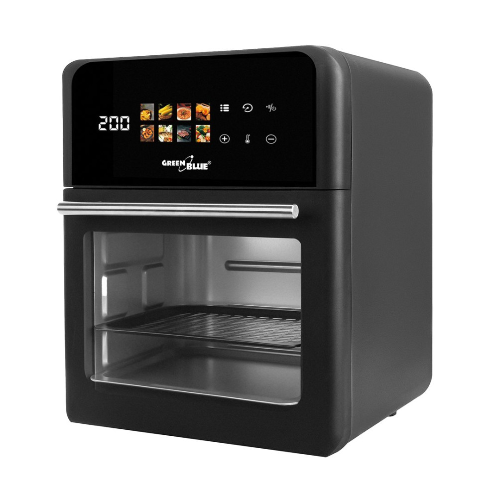 Forno friggitrice ad aria nero con display digitale che mostra 200 gradi.
