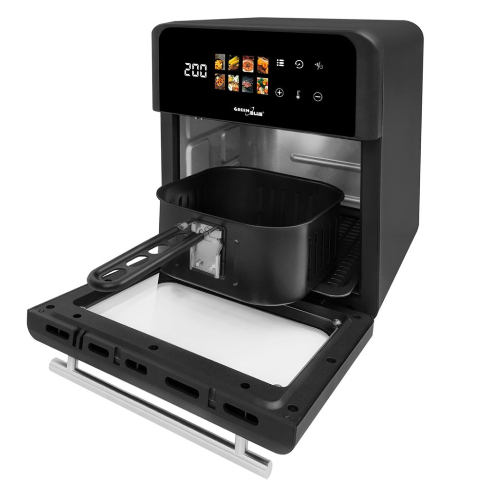 Forno friggitrice ad aria nero con porta aperta e cassetto estratto.