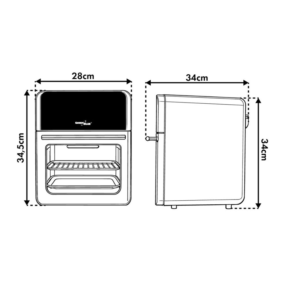 Disegno di un forno con dimensioni: 28x34,5cm fronte, 34x34cm lato.
