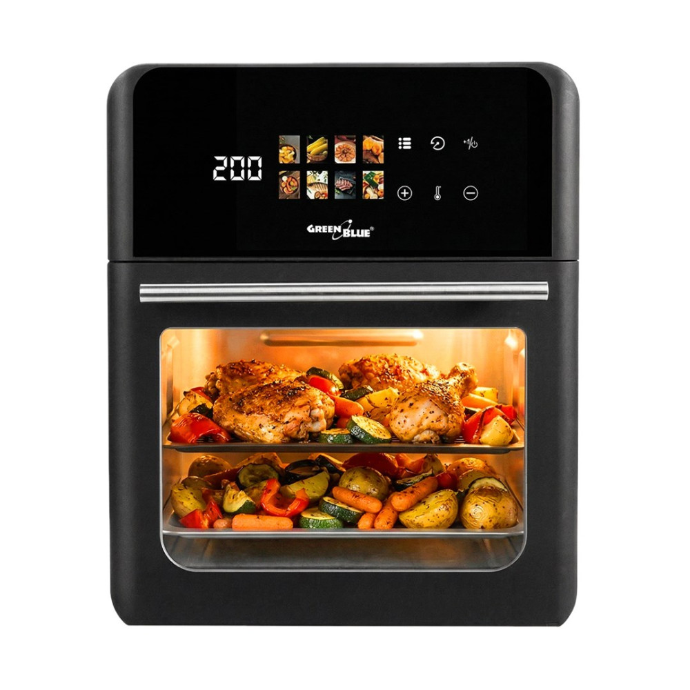 Forno friggitrice ad aria nero con pollo e verdure all'interno.