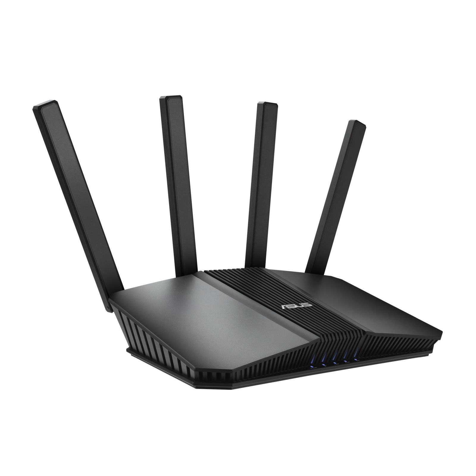 Un routeur noir avec quatre antennes est sur fond blanc.