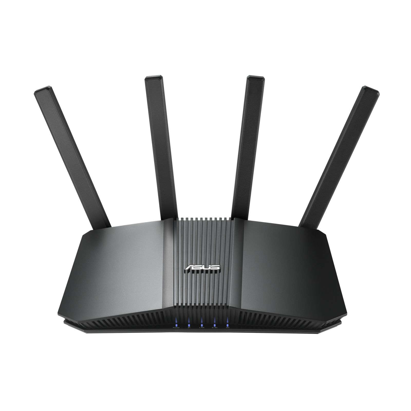 Un routeur Asus noir avec quatre antennes est présenté sur fond blanc.