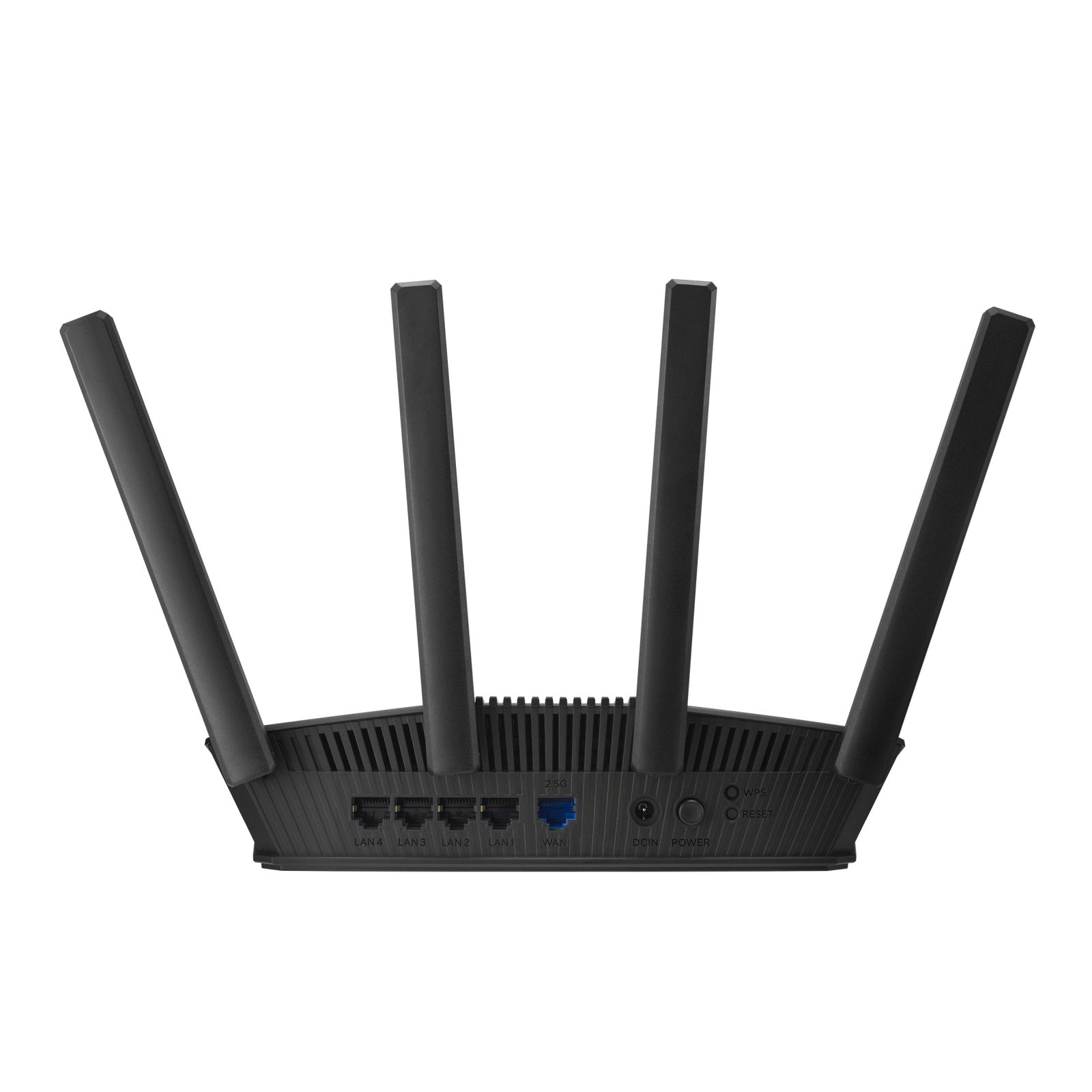 Un routeur noir avec quatre antennes. Ports et boutons à l'arrière.