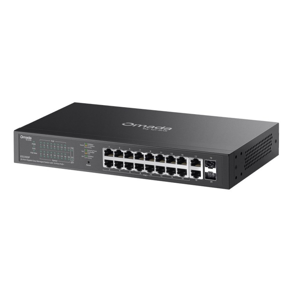 Czarny 20-portowy przełącznik sieciowy Omada gigabit z wskaźnikami LED i portami RJ45.