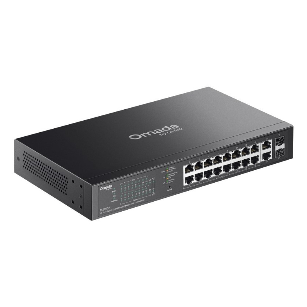 Czarny TP-Link Omada 24-portowy przełącznik Gigabit Easy Managed z 16 portami PoE+.