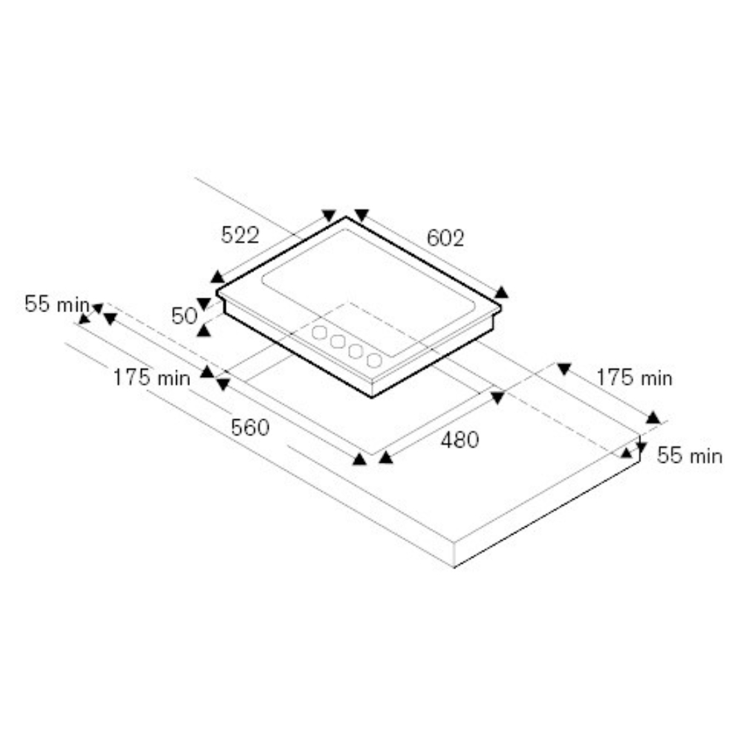 Disegno tecnico di un piano cottura da 522x602 mm con 4 zone.