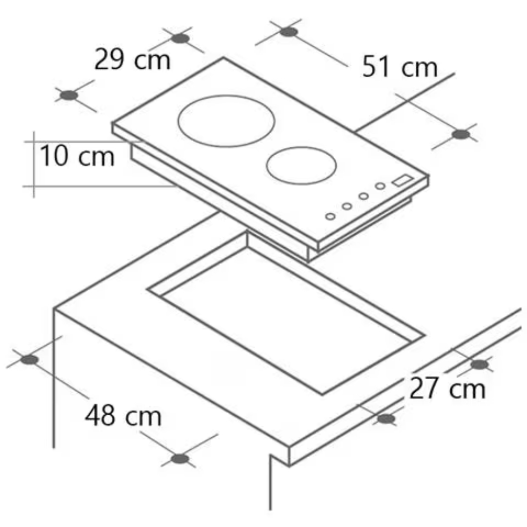 Piano cottura da incasso con dimensioni e segni di posizionamento.