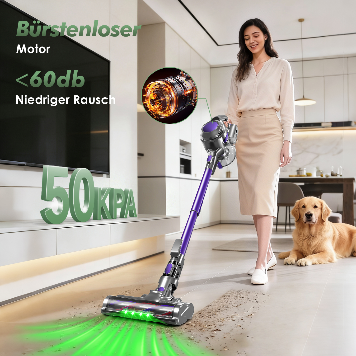 Frau mit Staubsauger und Hund in einem modernen Wohnzimmer. Grüne Lichter zeigen Reinigung.