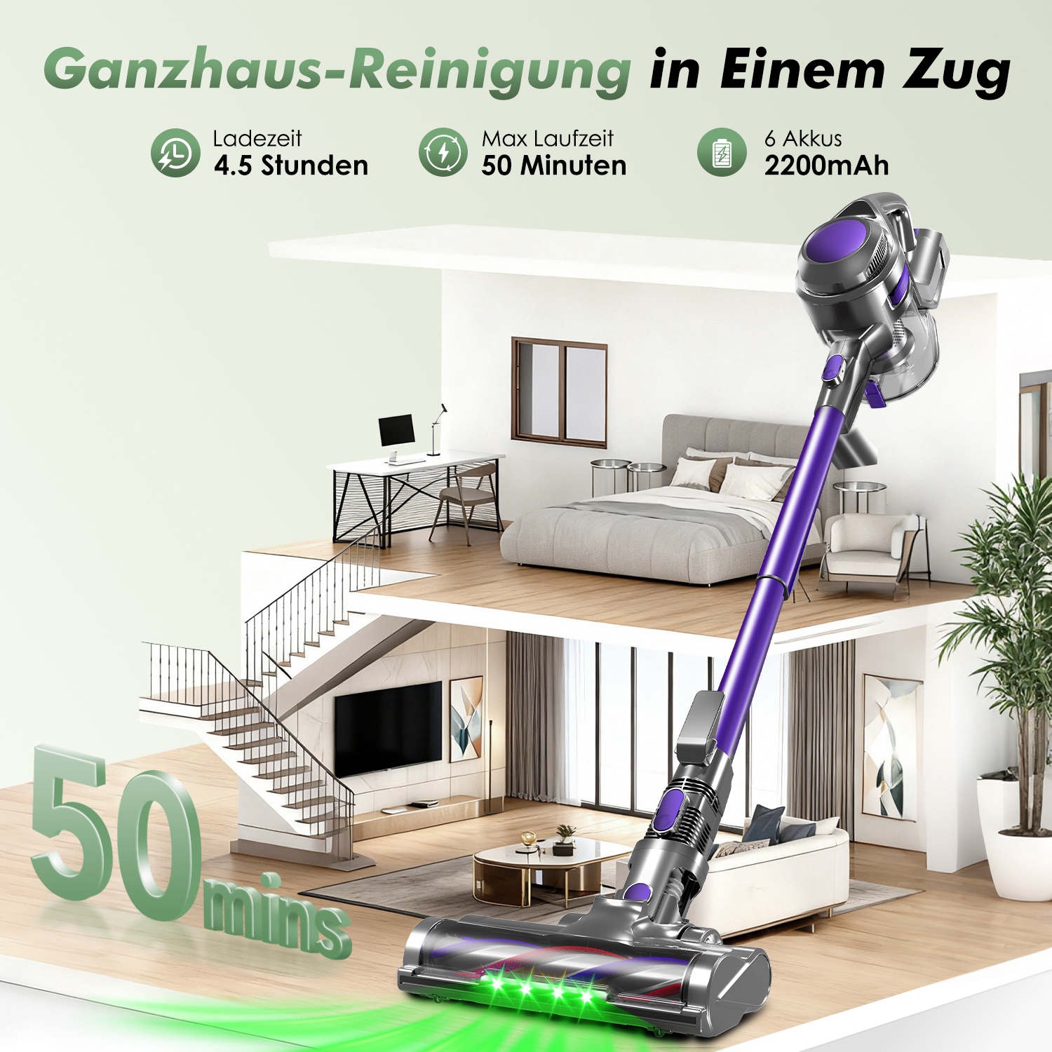 Ein violetter Akku-Staubsauger steht in einem Haus mit mehreren Etagen. Ladezeit 4,5h, Laufzeit 50min.