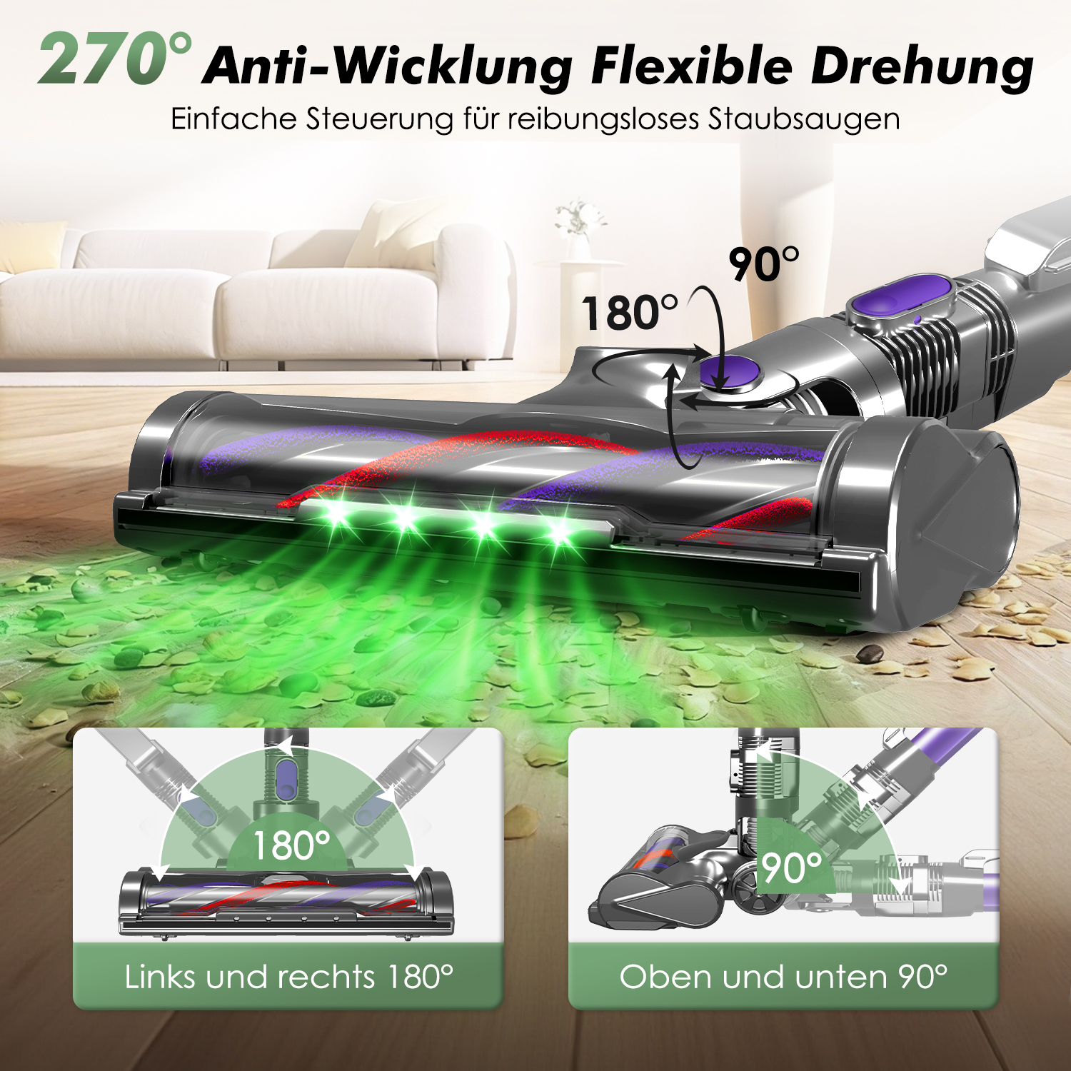 Flexible Staubsaugerdüse mit 270° Drehung, zeigt 180° und 90° Winkel.