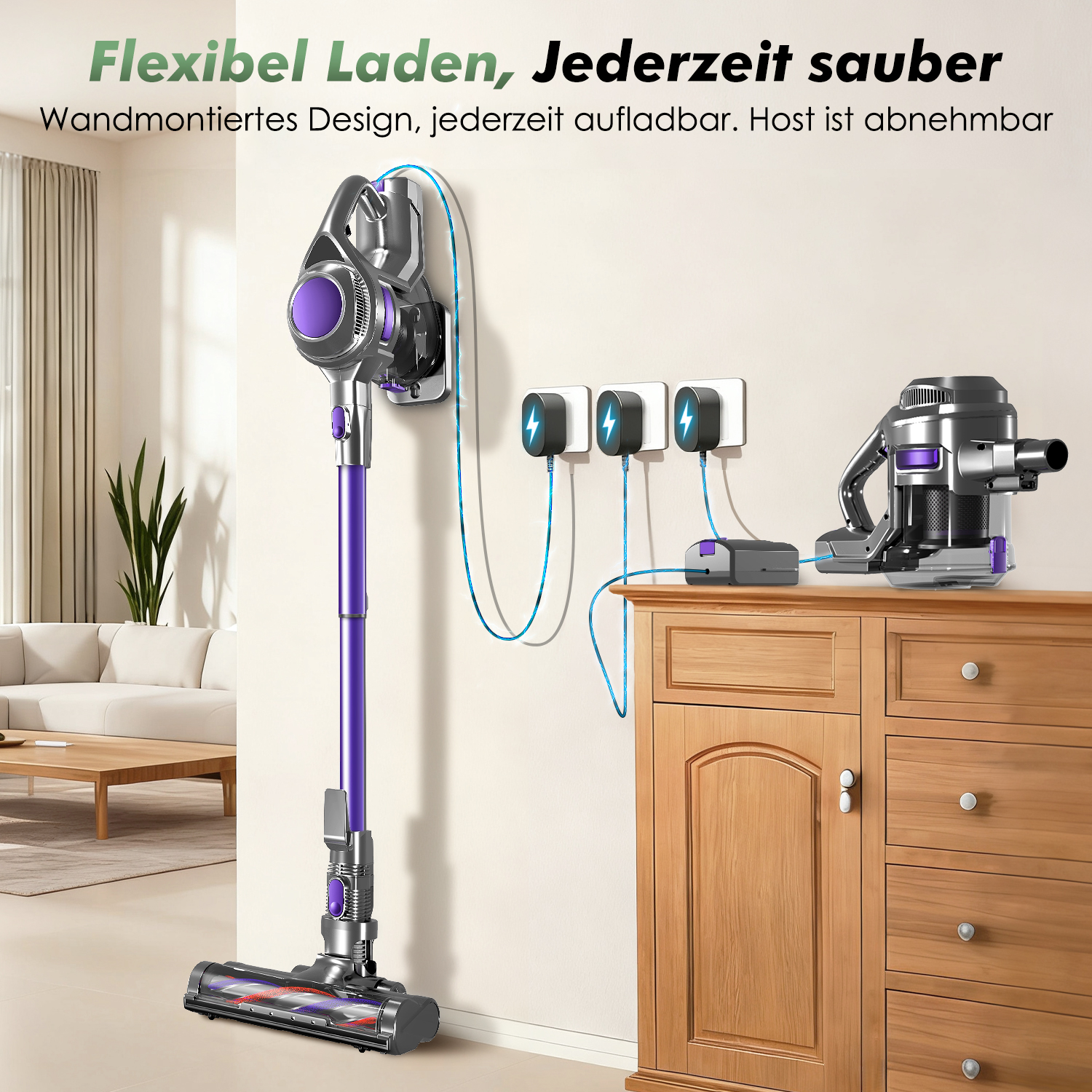 Ein lila und silberner Akku-Staubsauger ist an der Wand montiert. Ein zweiter ist auf einer Kommode.