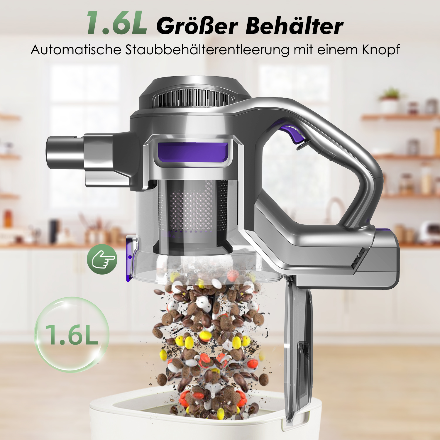 Ein grauer Staubsauger leert einen 1,6-Liter-Behälter mit Schmutz und Krümeln.