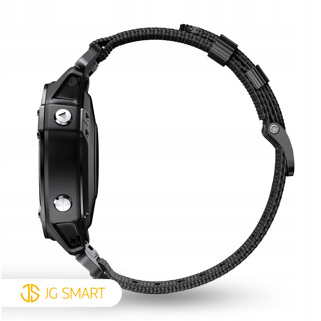 Czarny smartwatch z czarnym paskiem z tkaniny, pokazany z profilu.