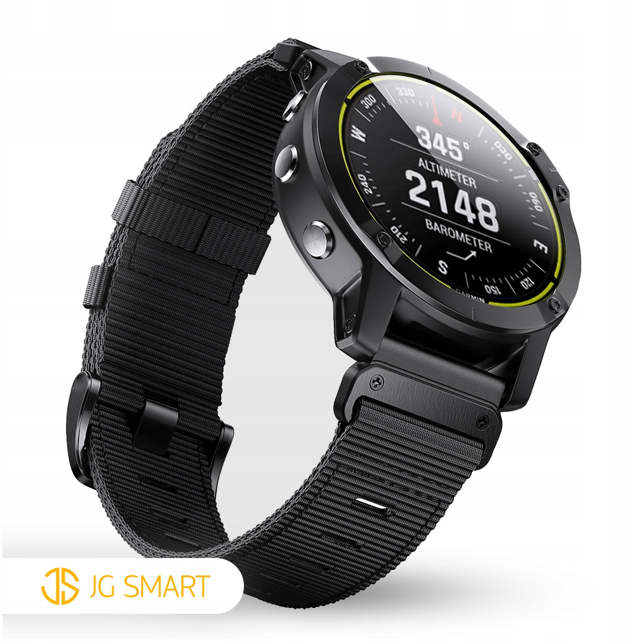 Czarny smartwatch z czarnym paskiem z tkaniny i cyfrowym wyświetlaczem.