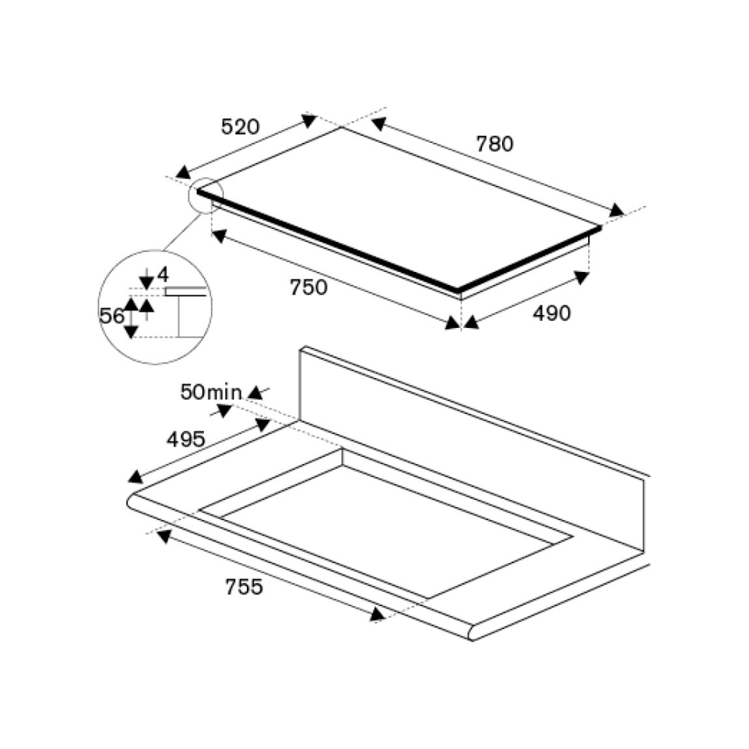 Disegno tecnico di un piano cottura con dimensioni in mm. Mostra vista dettagliata.