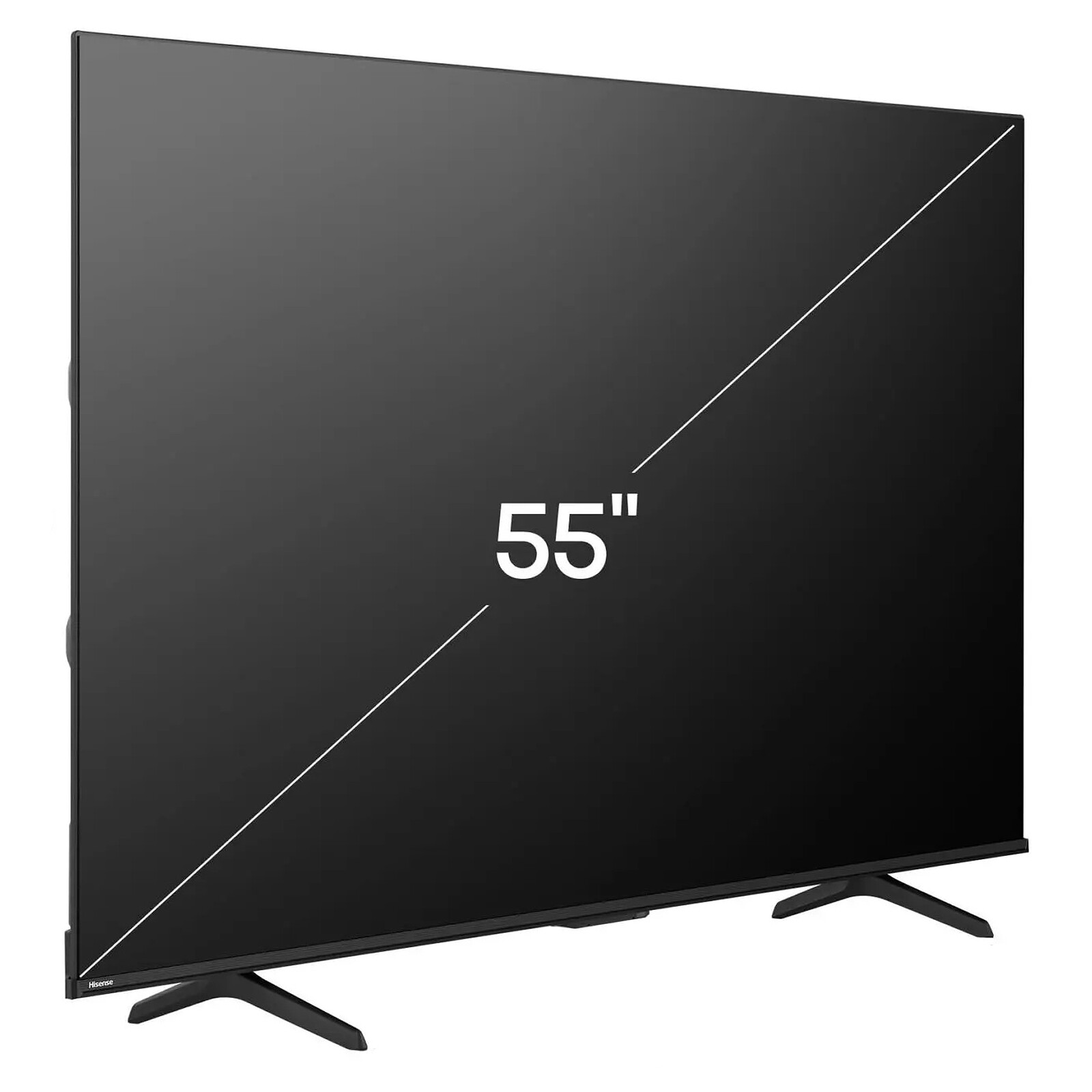 Ein schwarzer Hisense 55-Zoll-Fernseher mit Ständer ist auf weißem Hintergrund abgebildet.