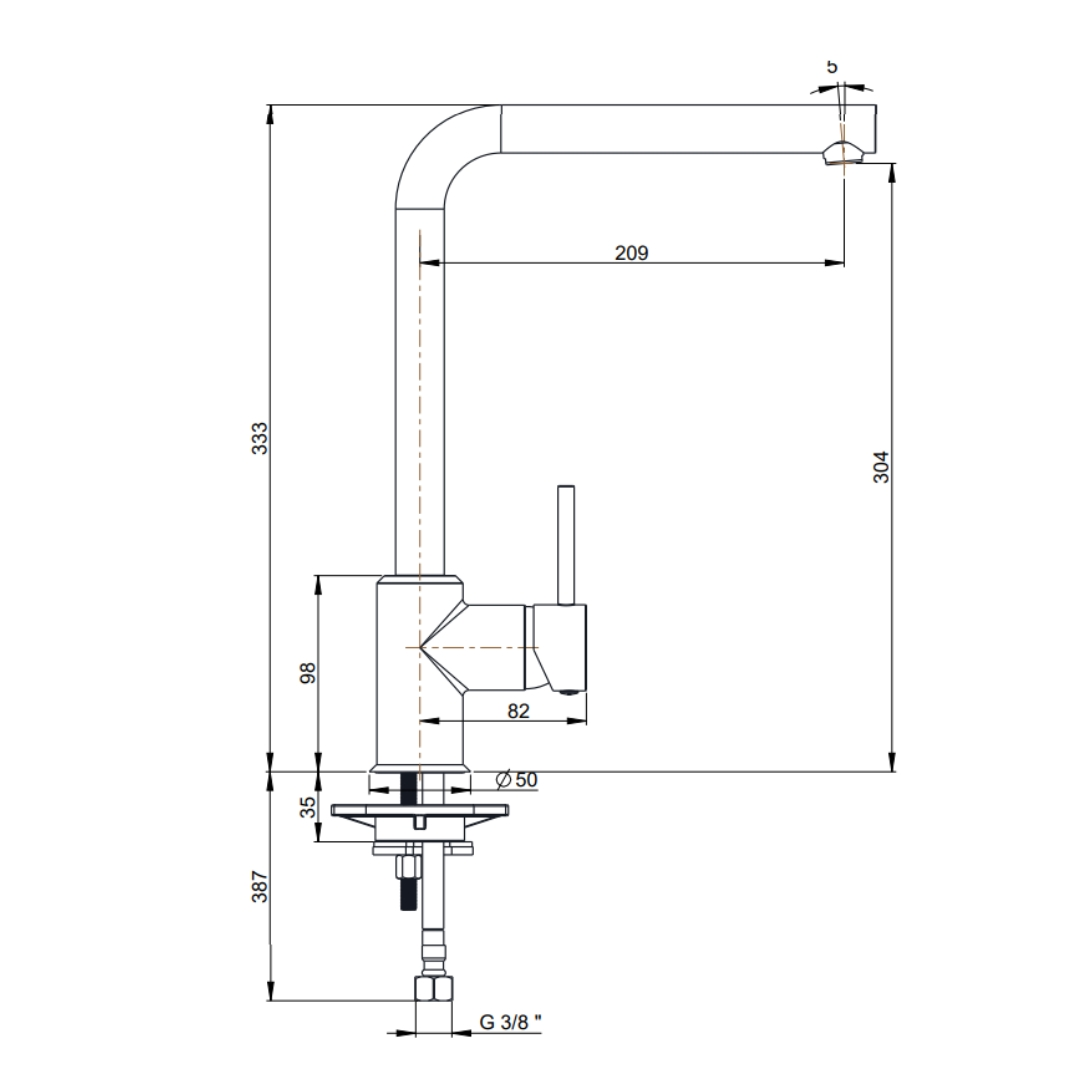 Disegno tecnico di un rubinetto da cucina con dimensioni e dettagli di connessione.