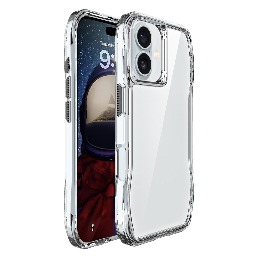 Şeffaf bir telefon kılıfı, astronot duvar kağıdı olan bir telefonu gösteriyor. Telefon hafif açılı duruyor.
