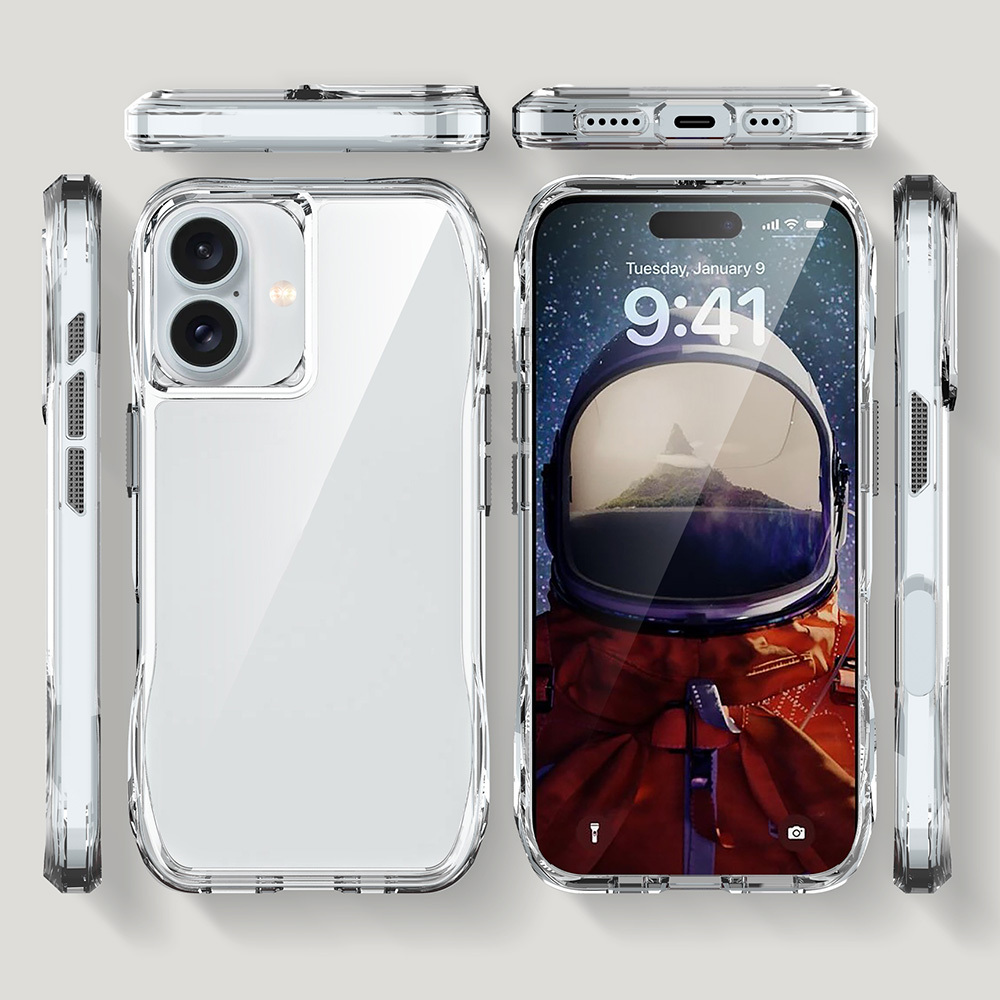 Şeffaf telefon kılıfı, astronot duvar kağıtlı iPhone'un ön ve arka yüzünü gösterir.